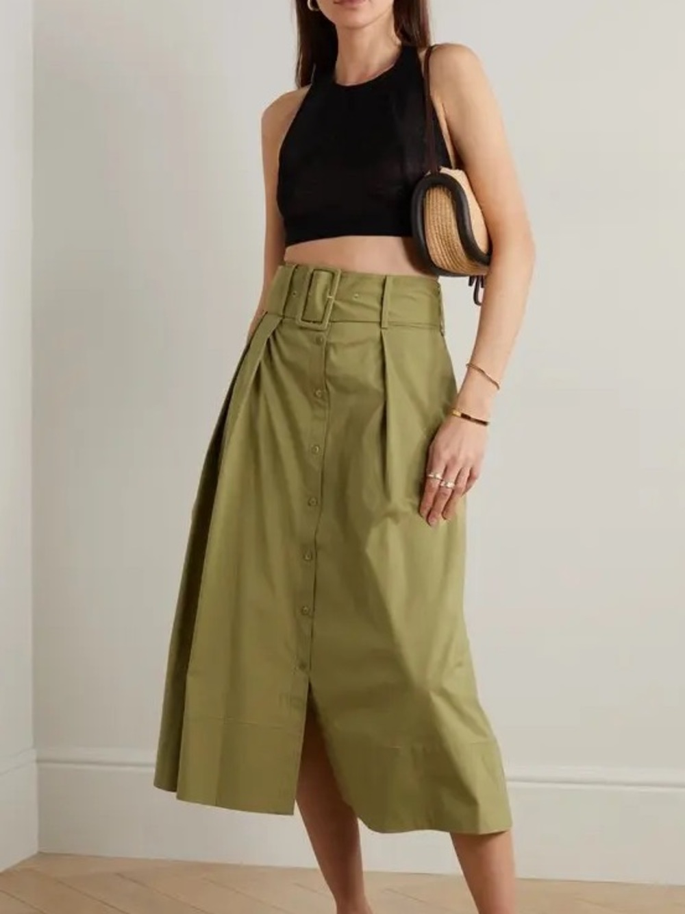 Staud Kingsley Belted Midi Skirt in Khaki Green Size 0